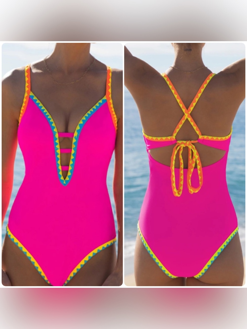 NWT Popvil Bright Pink One-Piece Swimsuit with Yellow & Turquoise Trim - L